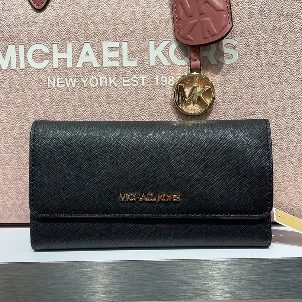 MICHAEL KORS JET SET TRAVEL LARGE TRIFOLD WALLET BLACK COLOR